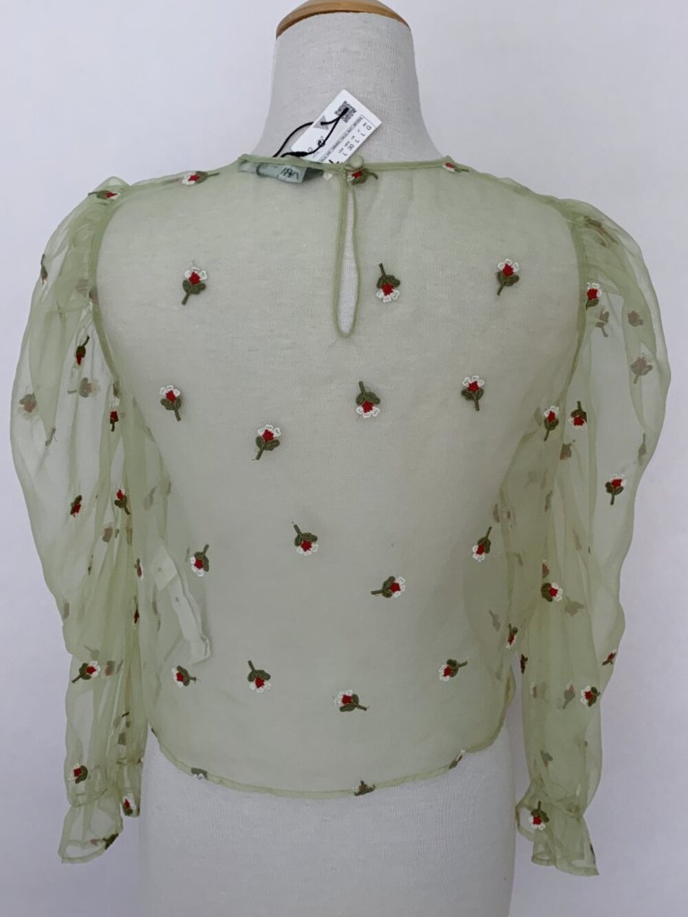 ZARA Floral Embroidered Green Organza Blouse | Size Large - Picture 6 of 13